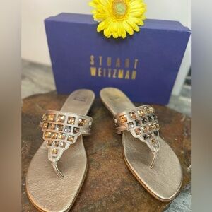 Stuart Weitzman~NIB Luxurious Jeweled Designer Thong Flat Sandals~Gold~Size 9.5M